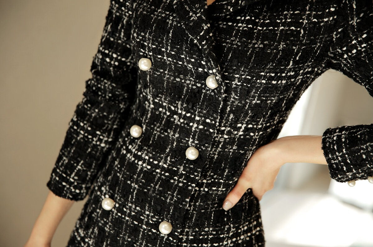 Black Tweed Double Breasted Mini Dress Jacket Coat / Korean Style Elegant Feminin Mini Dress / Long Sleeve Chic Luxury Jacket Style Dress