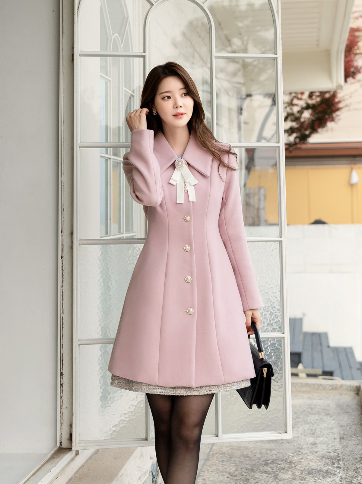 Romantic Style Winter Coat for Women / Korean Style Big Size Flat Collar Jacket with Ribbon Brooch / A-line Jacket / Plus Size Jacket