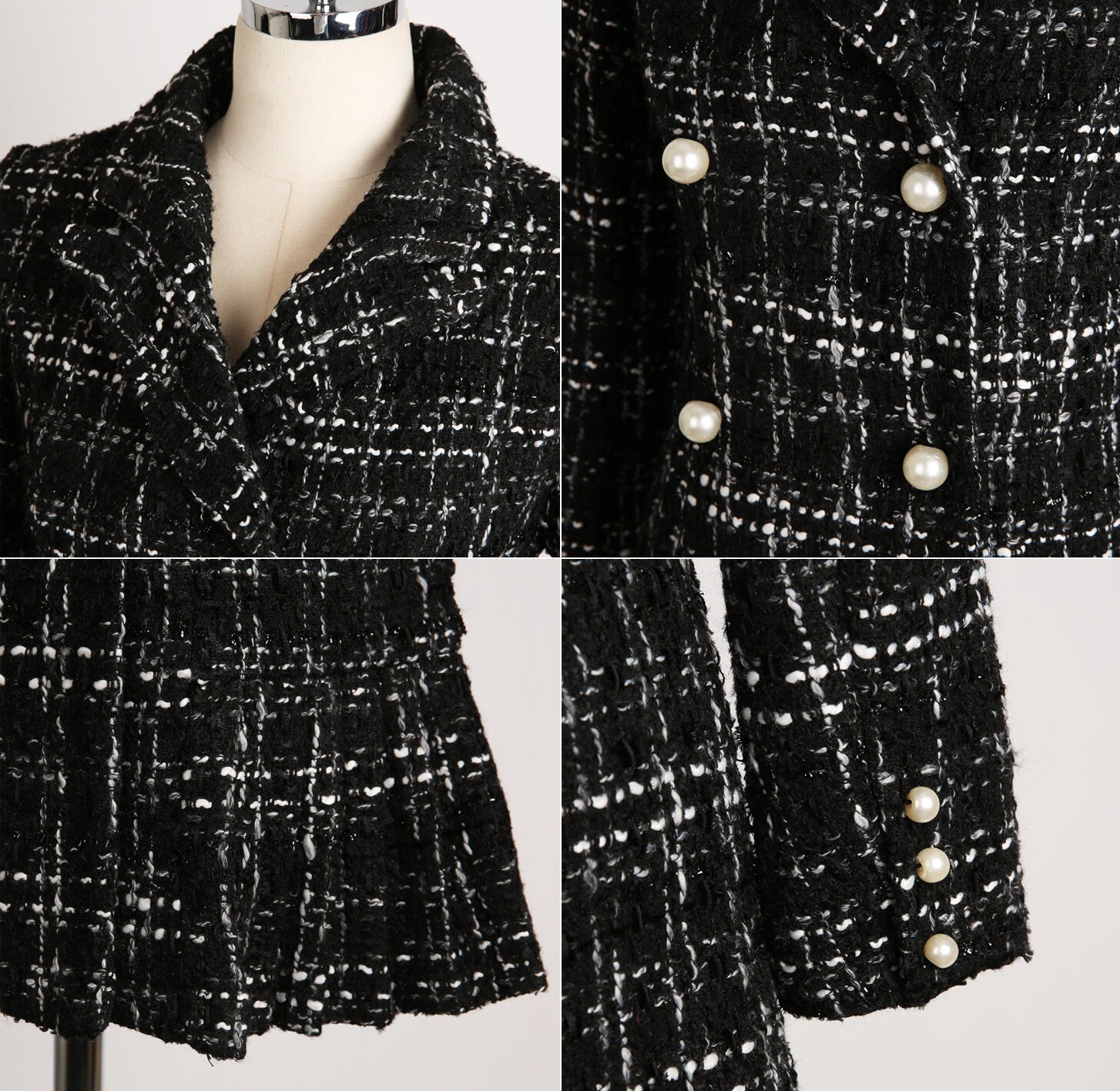 Black Tweed Double Breasted Mini Dress Jacket Coat / Korean Style Elegant Feminin Mini Dress / Long Sleeve Chic Luxury Jacket Style Dress