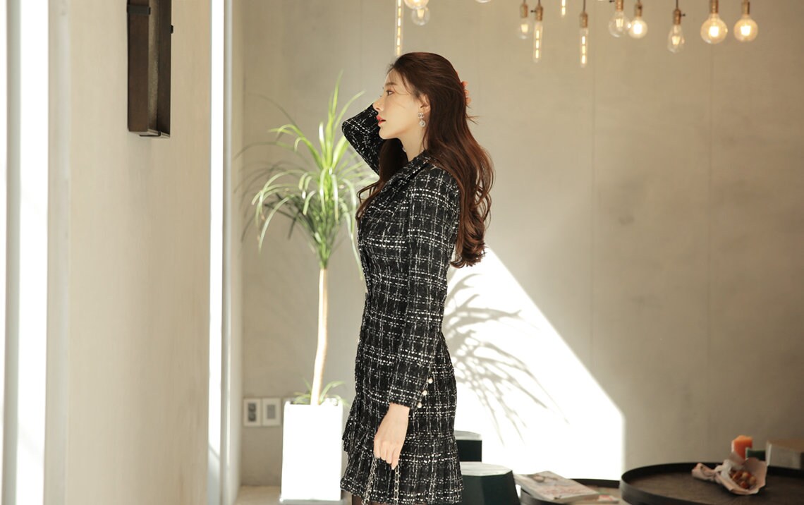 Black Tweed Double Breasted Mini Dress Jacket Coat / Korean Style Elegant Feminin Mini Dress / Long Sleeve Chic Luxury Jacket Style Dress