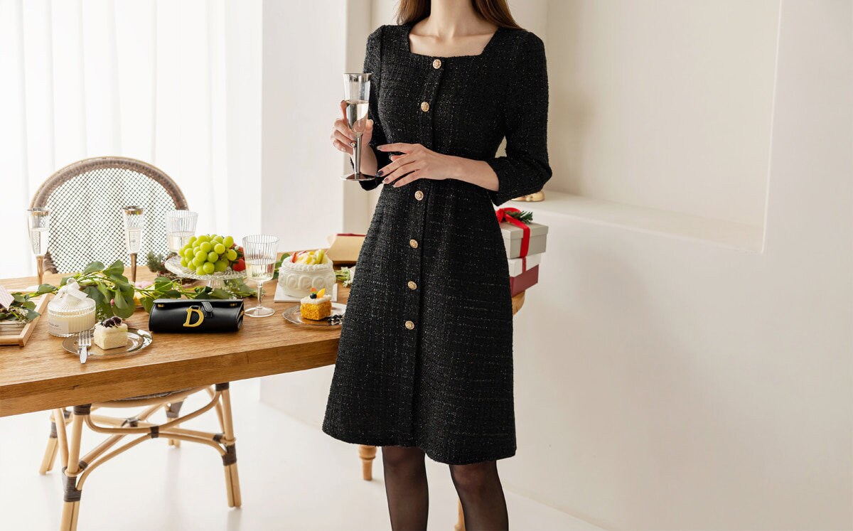 Elegant Tweed Dress / Korean Style Square Neck Black Mini Dress with Belt / Luxury wear Elegant Dress