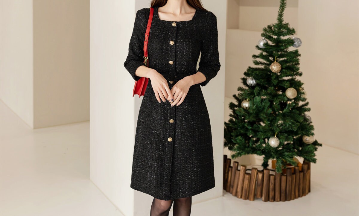 Elegant Tweed Dress / Korean Style Square Neck Black Mini Dress with Belt / Luxury wear Elegant Dress