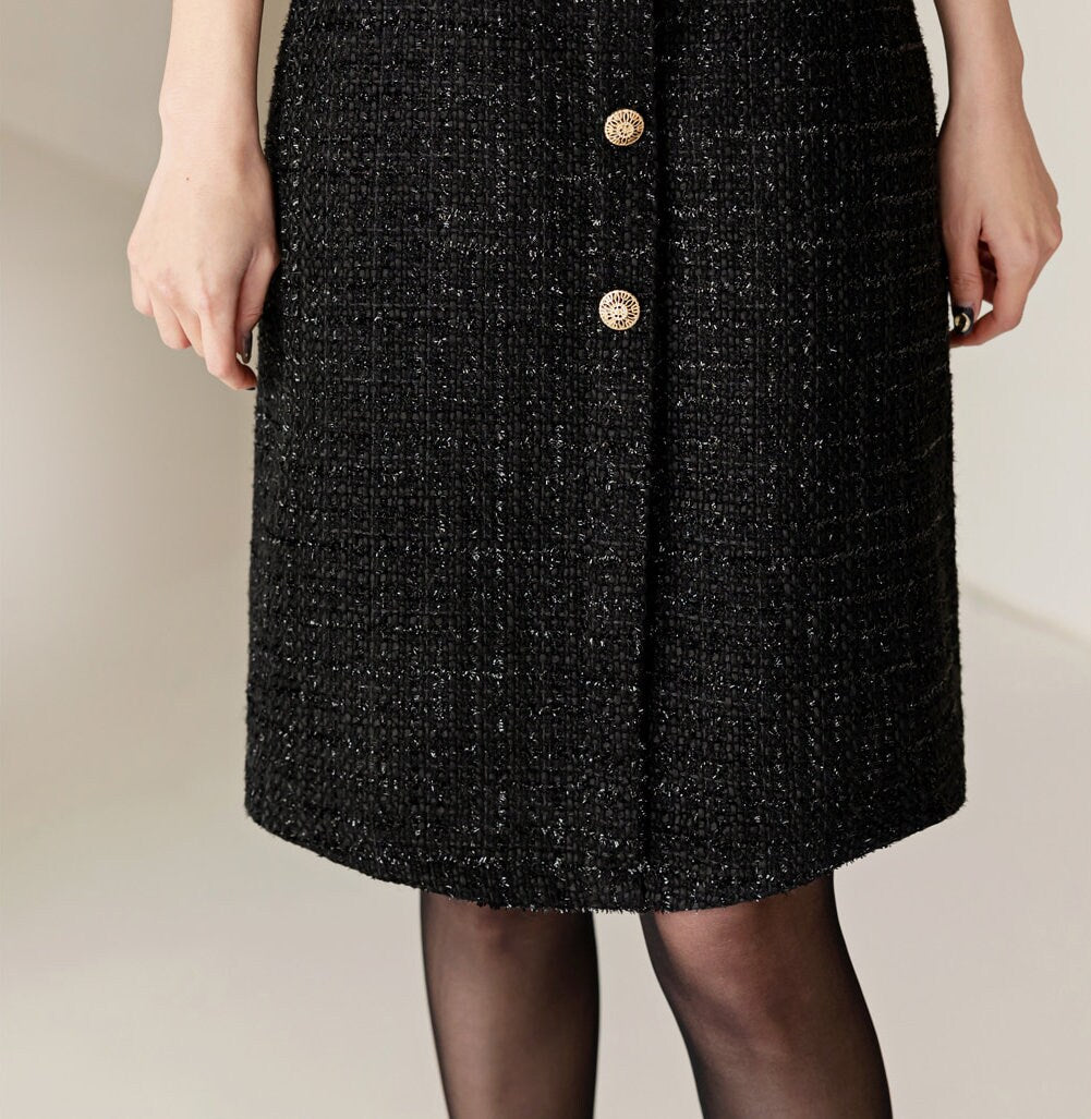 Elegant Tweed Dress / Korean Style Square Neck Black Mini Dress with Belt / Luxury wear Elegant Dress