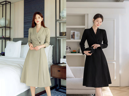 One Button Midi Dress Jacket Coat / Korean Style Elegant Feminin Midi Dress with Belt / Long Sleeve Chic Luxury Jacket Style Dress