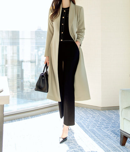 One Button Midi Dress Jacket Coat / Korean Style Elegant Feminin Midi Dress with Belt / Long Sleeve Chic Luxury Jacket Style Dress