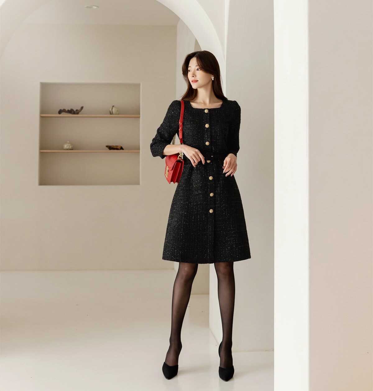 Elegant Tweed Dress / Korean Style Square Neck Black Mini Dress with Belt / Luxury wear Elegant Dress