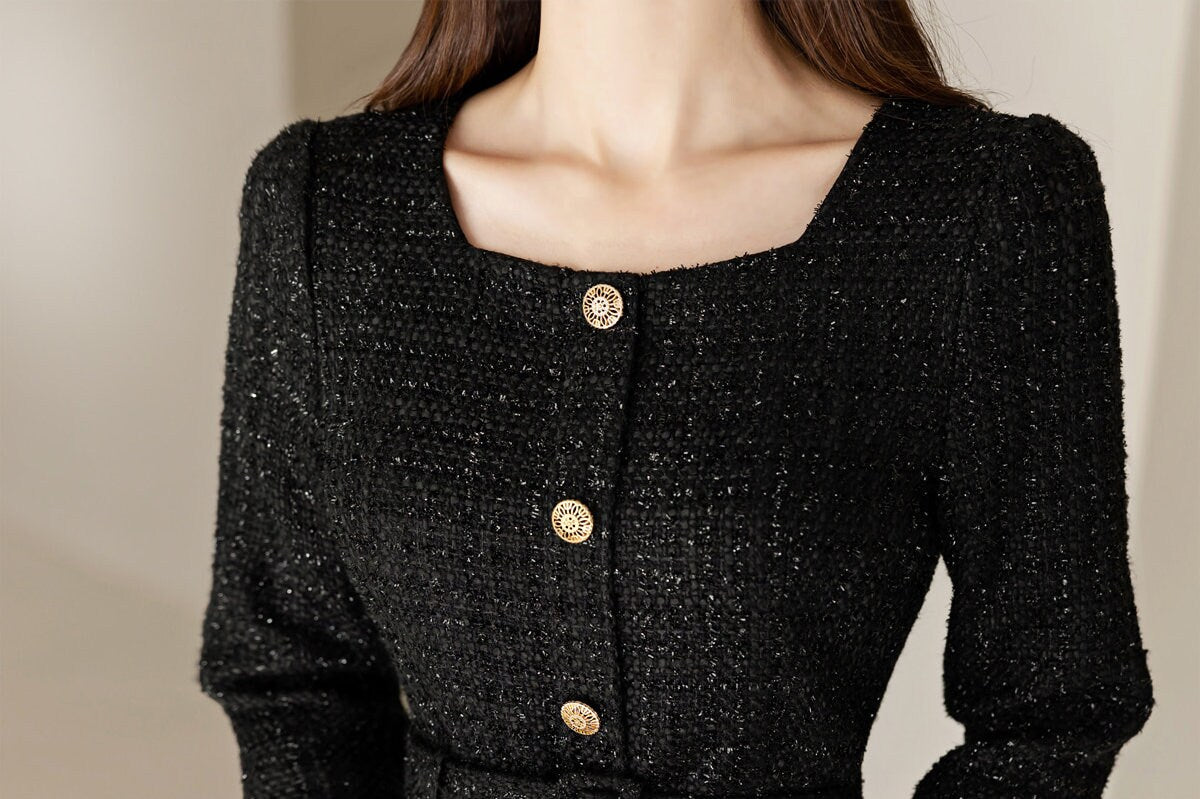 Elegant Tweed Dress / Korean Style Square Neck Black Mini Dress with Belt / Luxury wear Elegant Dress