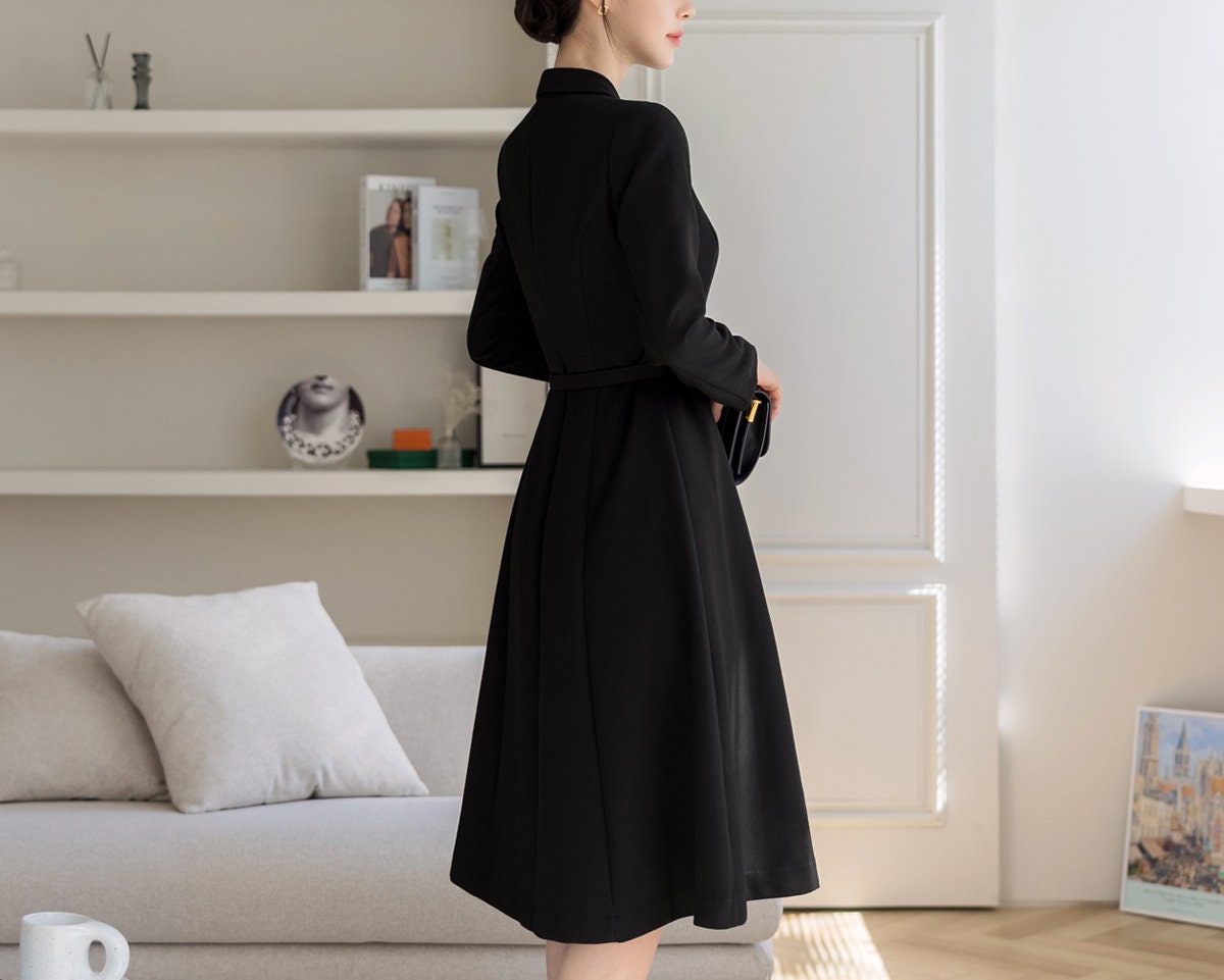 One Button Midi Dress Jacket Coat / Korean Style Elegant Feminin Midi Dress with Belt / Long Sleeve Chic Luxury Jacket Style Dress