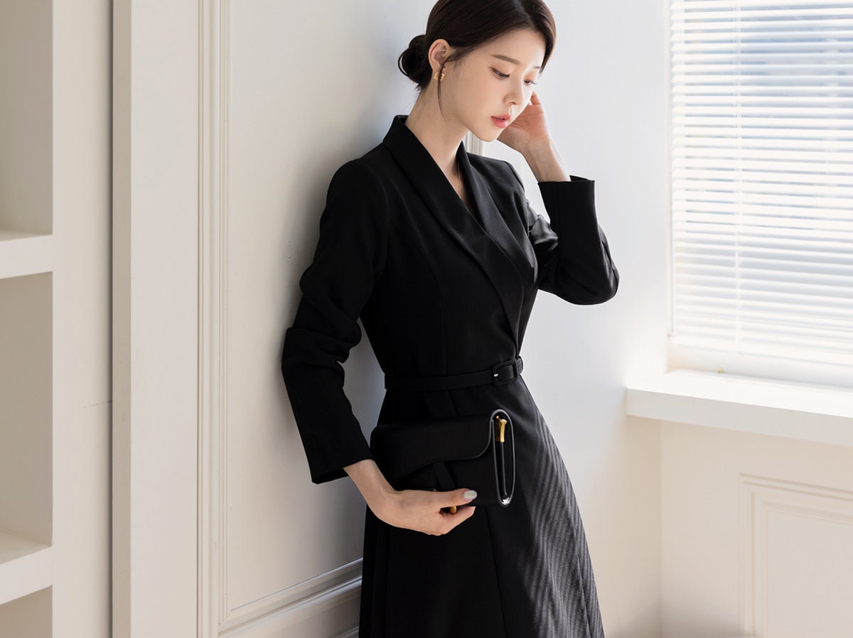 One Button Midi Dress Jacket Coat / Korean Style Elegant Feminin Midi Dress with Belt / Long Sleeve Chic Luxury Jacket Style Dress