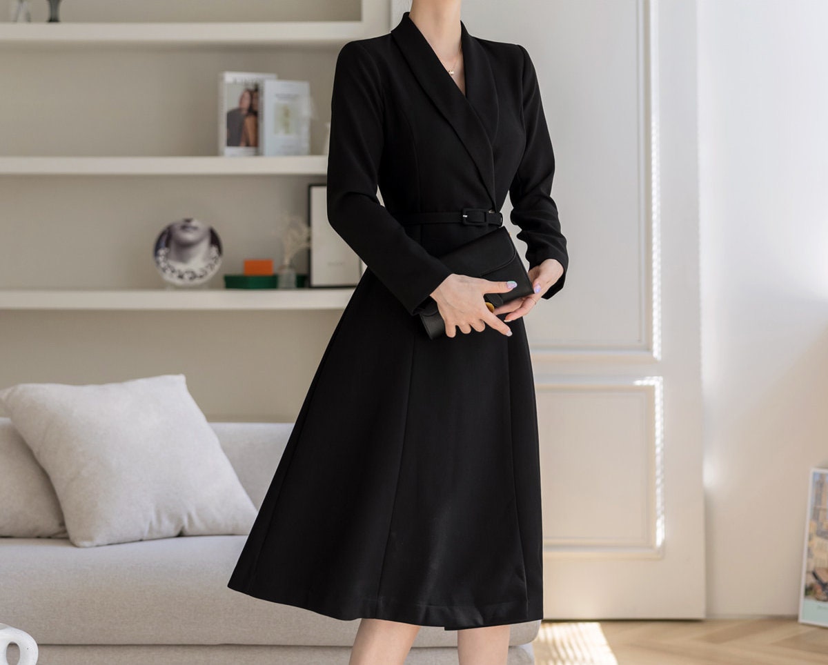 One Button Midi Dress Jacket Coat / Korean Style Elegant Feminin Midi Dress with Belt / Long Sleeve Chic Luxury Jacket Style Dress