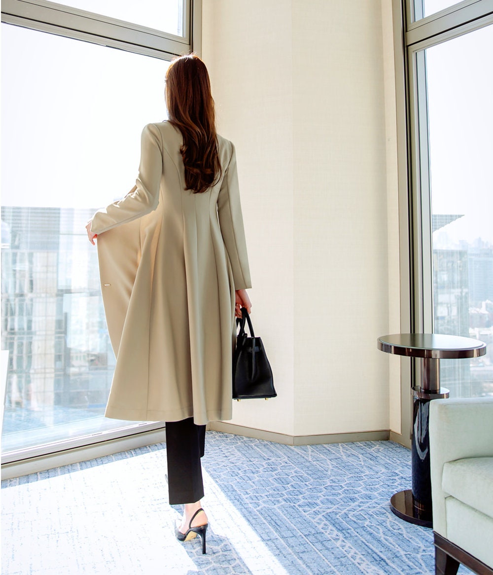 One Button Midi Dress Jacket Coat / Korean Style Elegant Feminin Midi Dress with Belt / Long Sleeve Chic Luxury Jacket Style Dress