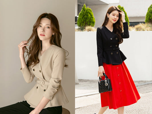 Korean Style Double Breasted Blazer with Belt Blouse / Double Breasted Top Jacket / Daily Blouse Jacket