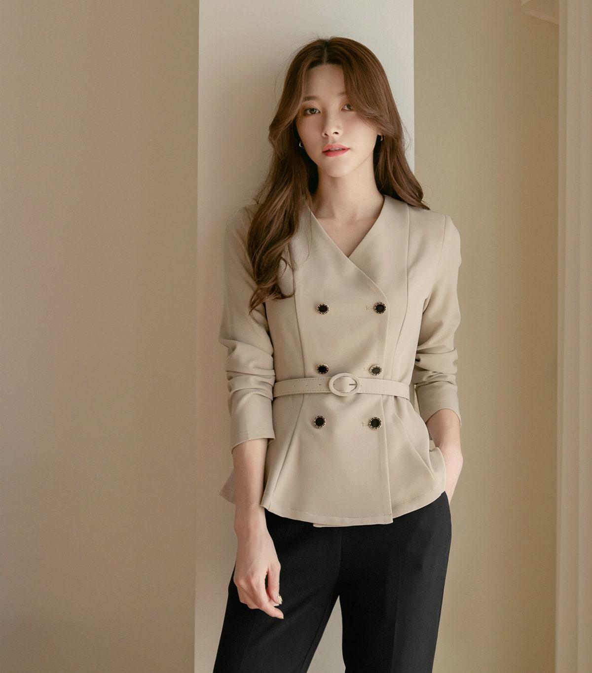 Korean Style Double Breasted Blazer with Belt Blouse / Double Breasted Top Jacket / Daily Blouse Jacket