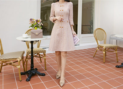 Feminin Tweed Dress / Korean Style Pink Gold Mini Dress / Luxury wear Elegant Dress