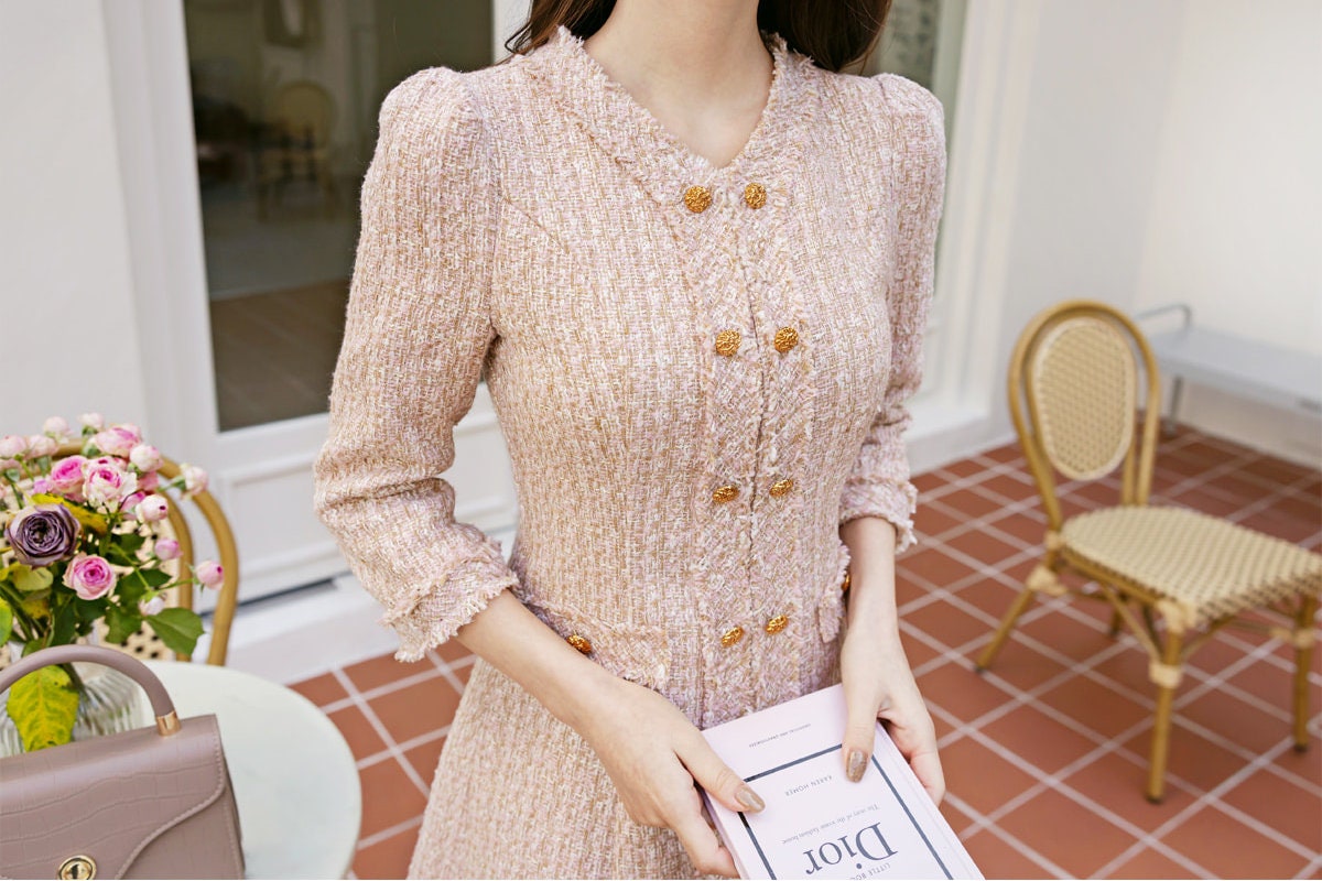 Feminin Tweed Dress / Korean Style Pink Gold Mini Dress / Luxury wear Elegant Dress