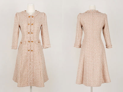 Feminin Tweed Dress / Korean Style Pink Gold Mini Dress / Luxury wear Elegant Dress