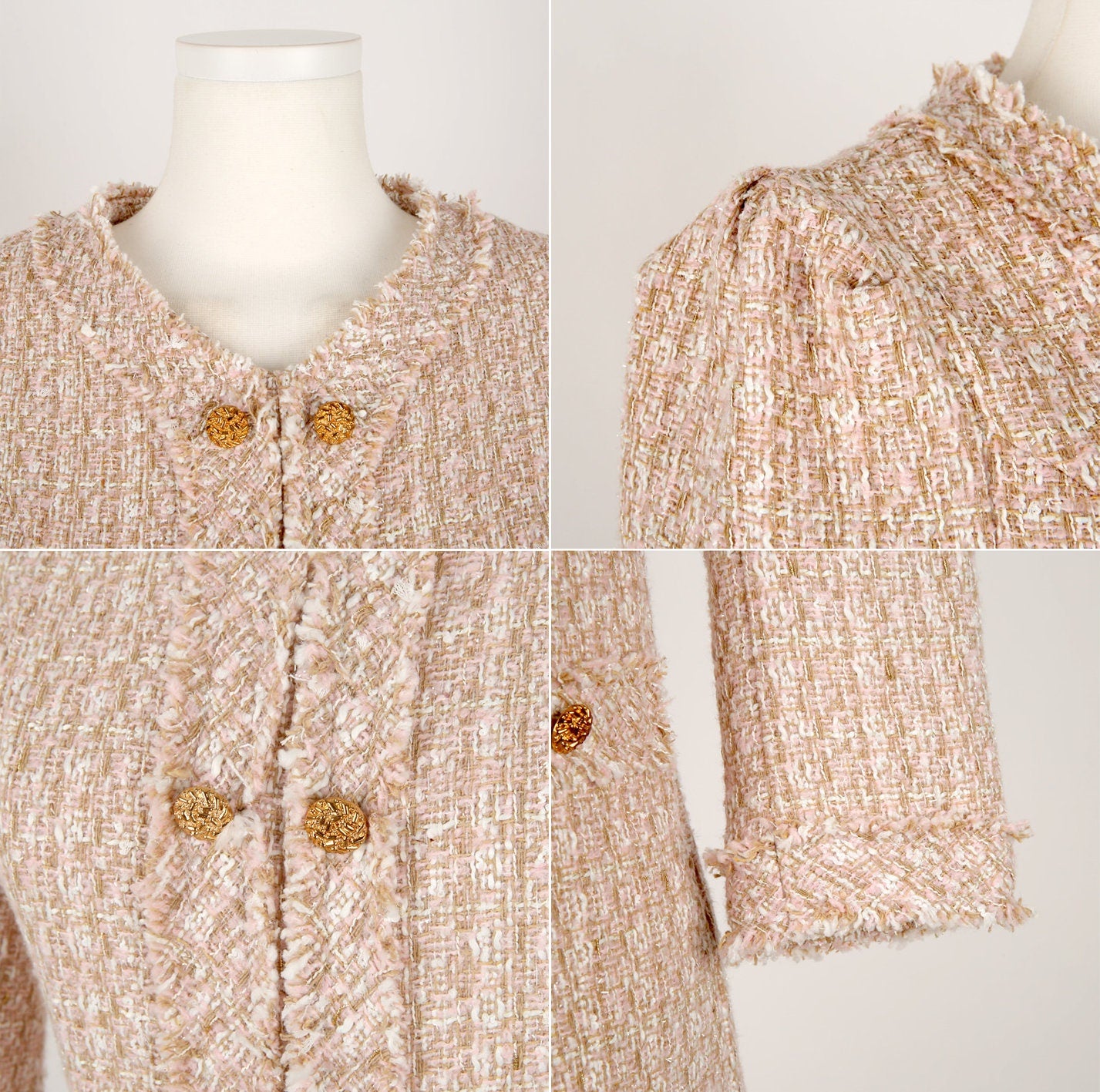 Feminin Tweed Dress / Korean Style Pink Gold Mini Dress / Luxury wear Elegant Dress