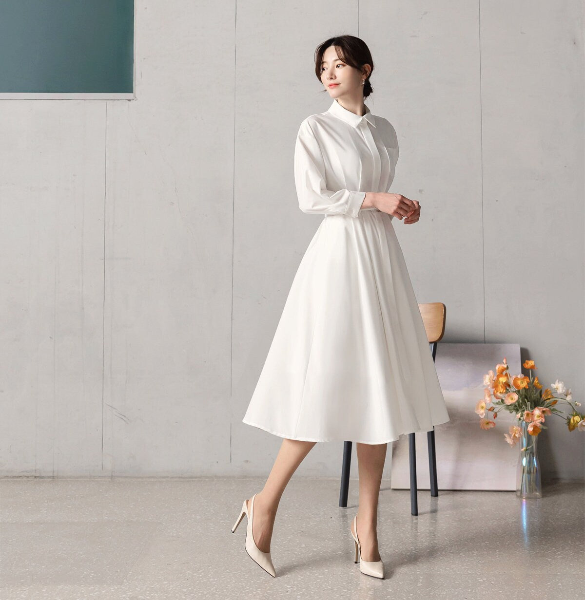 Elegant Feminin Shirtdress with Belt / Korean Style Hidden Button Long Dress / Spring Summer Midi Dress in Ivory Color