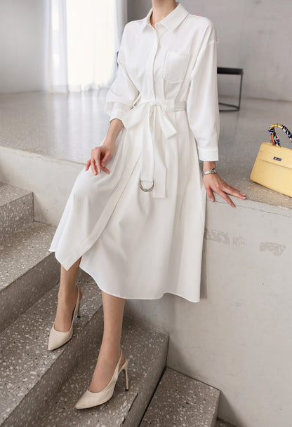 Elegant Feminin Shirtdress with Belt / Korean Style Hidden Button Long Dress / Spring Summer Midi Dress in Ivory Color