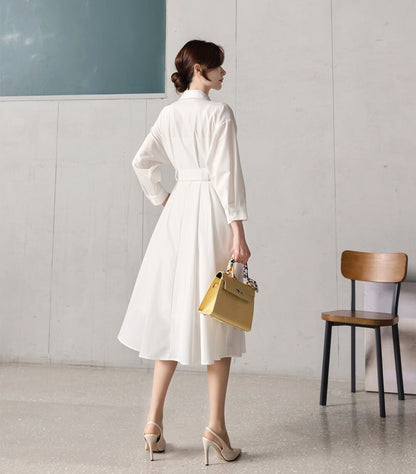 Elegant Feminin Shirtdress with Belt / Korean Style Hidden Button Long Dress / Spring Summer Midi Dress in Ivory Color