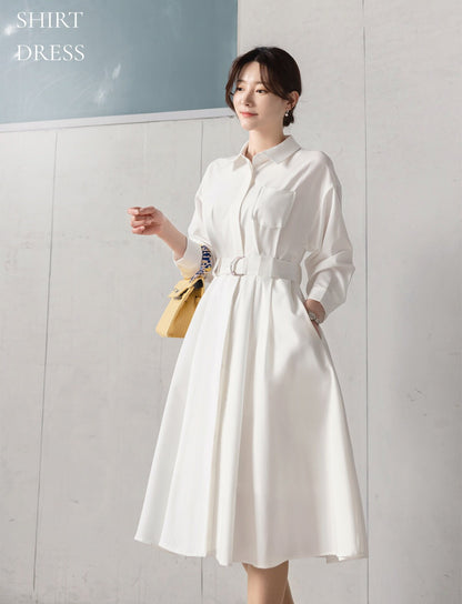 Elegant Feminin Shirtdress with Belt / Korean Style Hidden Button Long Dress / Spring Summer Midi Dress in Ivory Color