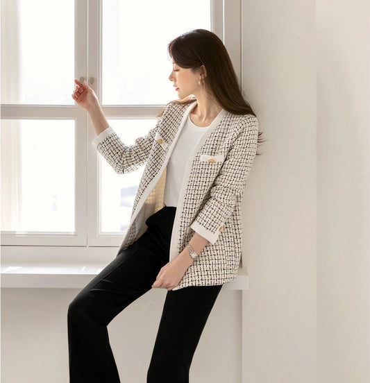 Elegant Check Tweed Jacket Cardigan / Korean Style Classic Cardigan / Long Sleeve Soft Jacket