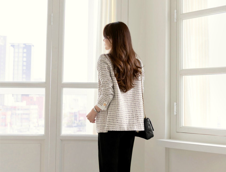 Elegant Check Tweed Jacket Cardigan / Korean Style Classic Cardigan / Long Sleeve Soft Jacket