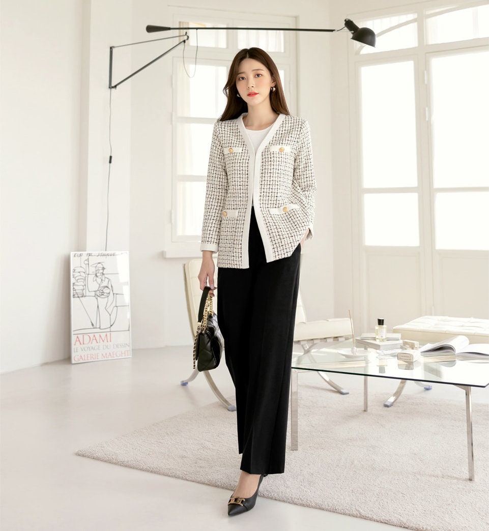 Elegant Check Tweed Jacket Cardigan / Korean Style Classic Cardigan / Long Sleeve Soft Jacket