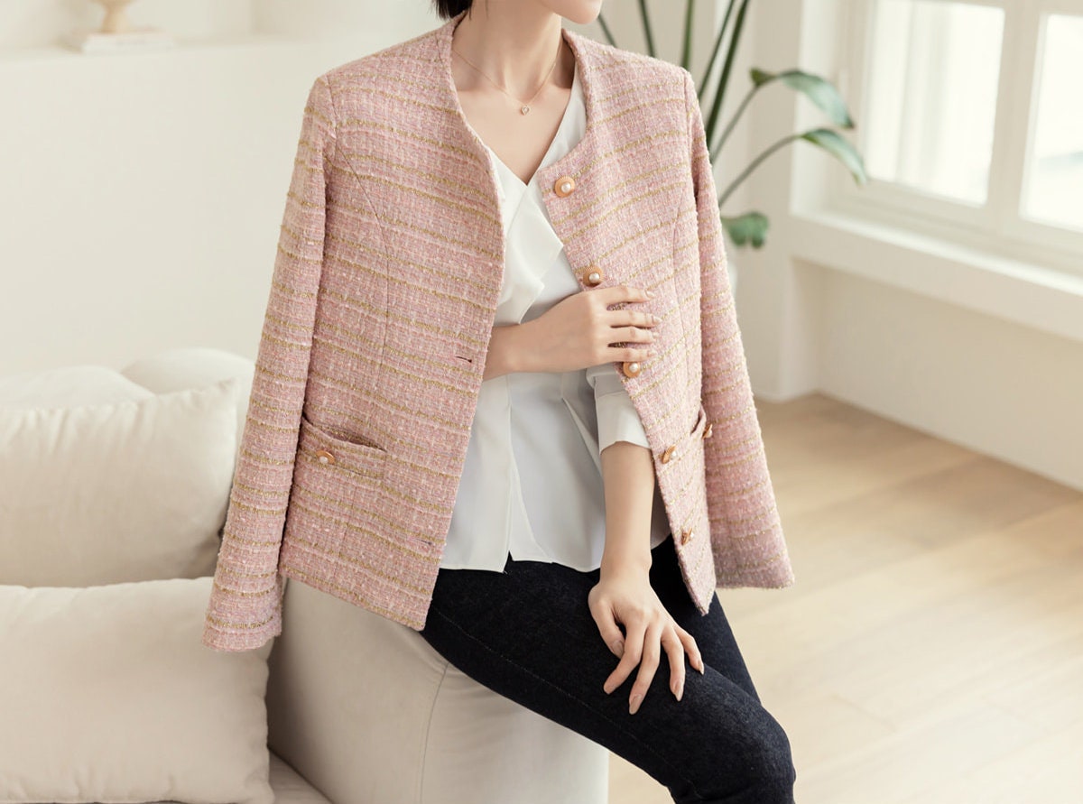 Elegant Check Tweed Jacket / Korean Style Classic Femine Jacket / Long Sleeve Soft Jacket Pink, Ivory