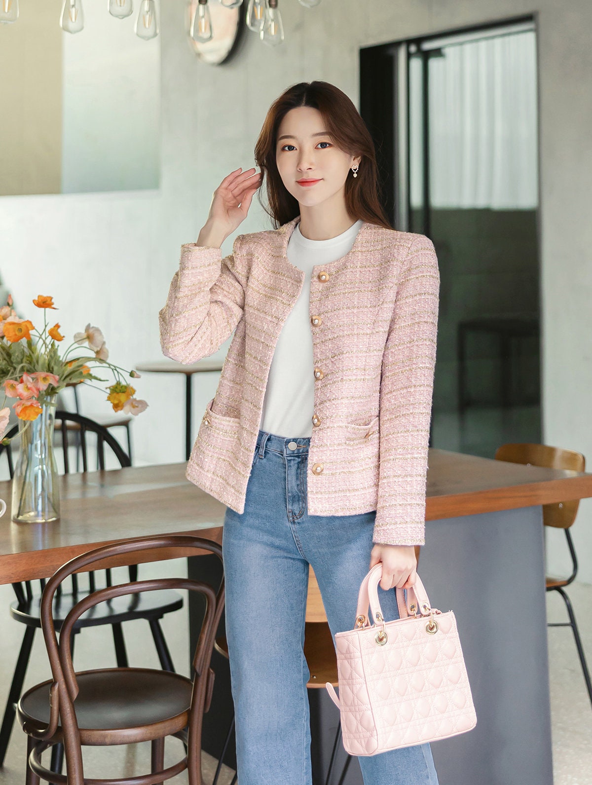 Elegant Check Tweed Jacket / Korean Style Classic Femine Jacket / Long Sleeve Soft Jacket Pink, Ivory