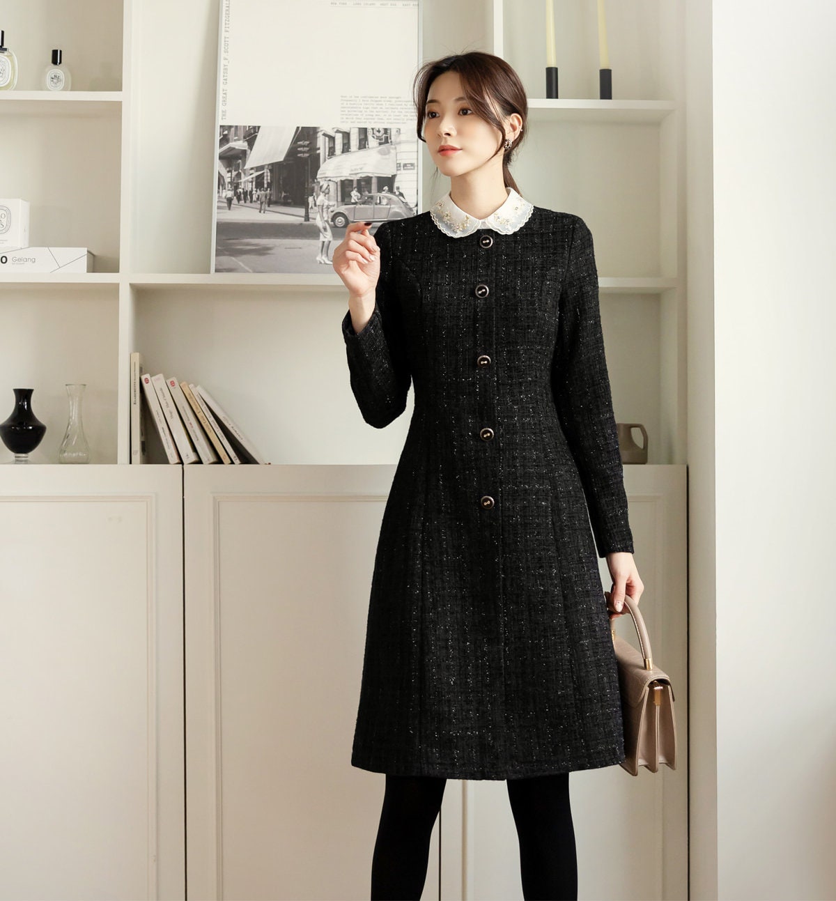 Elegant Black Tweed Dress / Korean Style Mini Dress / Luxury wear Elegant Black Dress