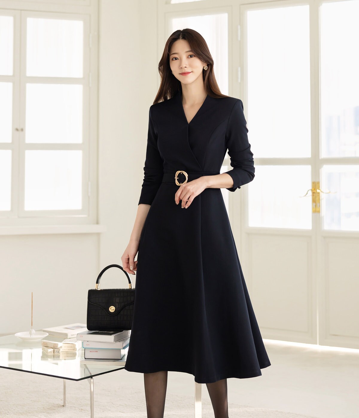 Elegant Flare Dress with Belt / Korean Style V Neck Navy Midi Dress with Long Sleeve / Luxury wear Elegant Dress