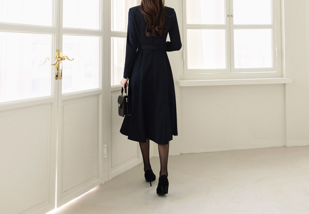 Elegant Flare Dress with Belt / Korean Style V Neck Navy Midi Dress with Long Sleeve / Luxury wear Elegant Dress