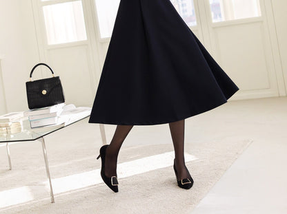 Elegant Flare Dress with Belt / Korean Style V Neck Navy Midi Dress with Long Sleeve / Luxury wear Elegant Dress