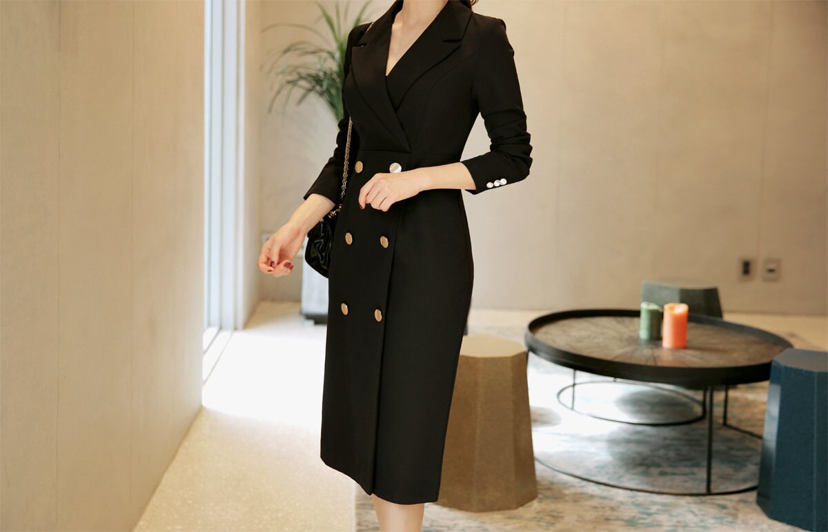 V Neck Double Breasted Dress / Korean Style Elegant Feminin Mini Dress / Long Sleeve Modern Chic Midi Dress