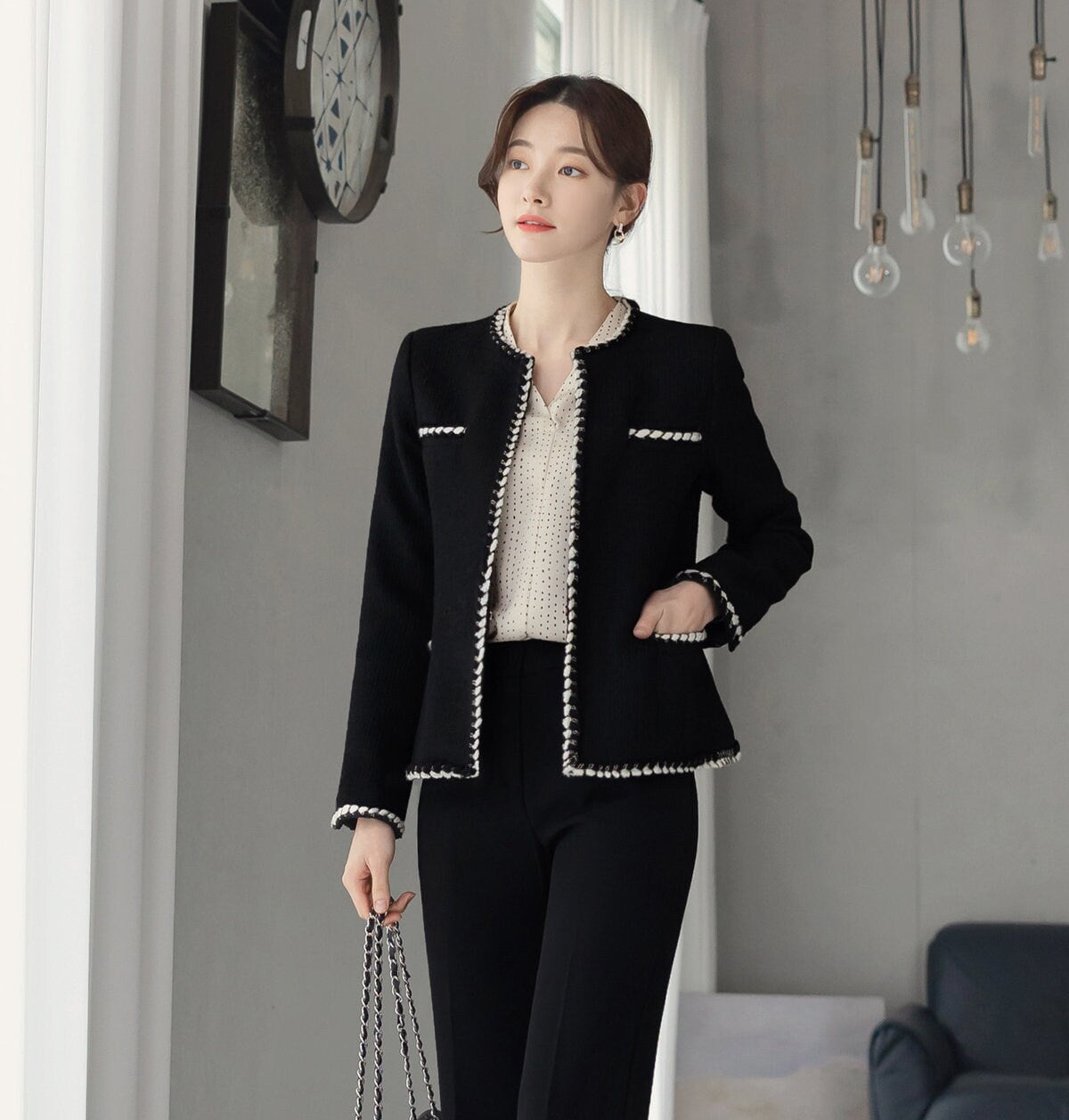 Classic Elegant Soft Jacket / Korean Style Long Sleeve Jacket / Korean Style Classic Femine Jacket Black