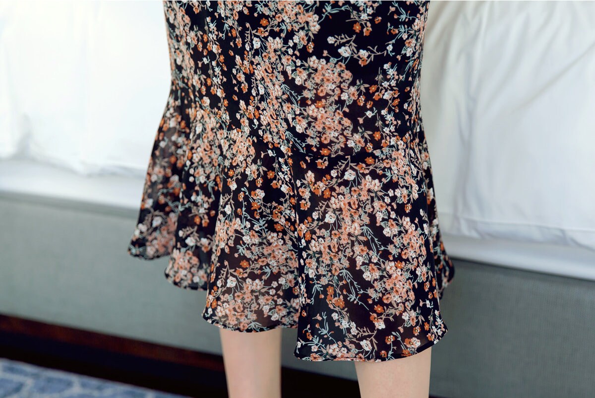 V Neck Floral Chiffon Long Dress / Long Sleeve Spring Summer Midi Dress / Korean Style Feminin Midi Dress