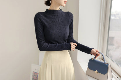 Long Sleeve Crease Wrinkle Top / Korean Style Women Top / Office Look Half Neck Top / Everyday Basic Soft Top