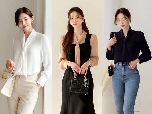 Long Sleeve with Tie Blouse / Korean Style Luxury Feminine Women Clothes / Stylish Office Look Top / Everyday Soft Blouse