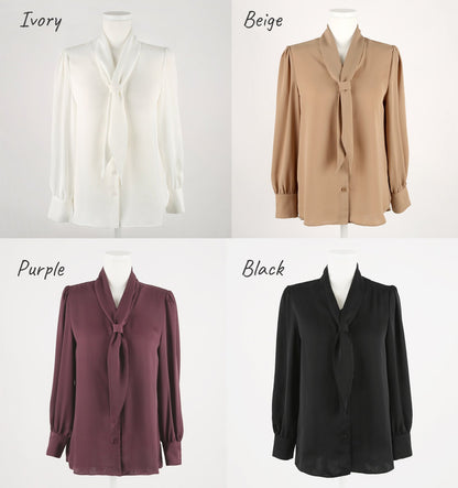 Long Sleeve with Tie Blouse / Korean Style Luxury Feminine Women Clothes / Stylish Office Look Top / Everyday Soft Blouse