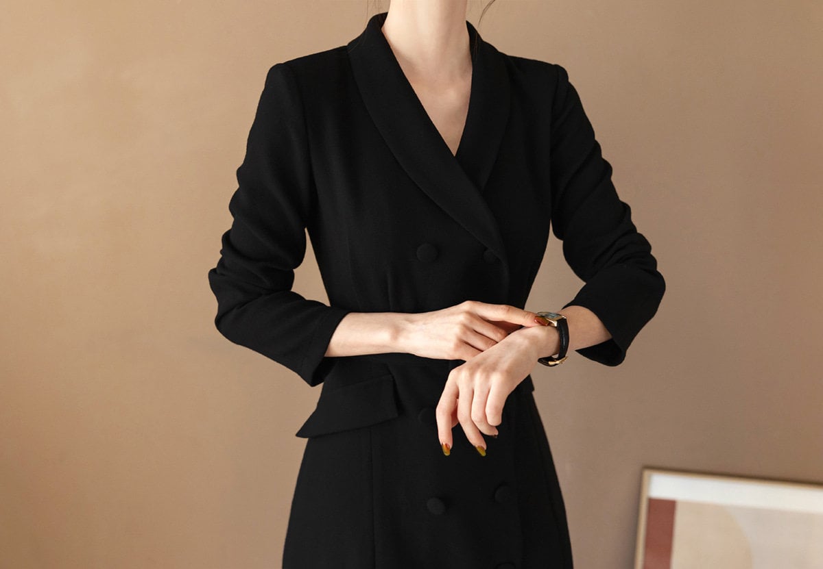 Korean Style Double Breasted Blazer Dress / V Neck Elegant Feminin Long Dress with Belt / Jacket Style Modern Chic Midi Dress