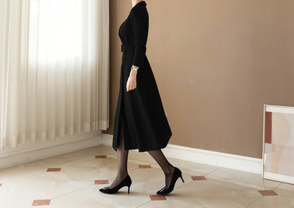 Korean Style Double Breasted Blazer Dress / V Neck Elegant Feminin Long Dress with Belt / Jacket Style Modern Chic Midi Dress