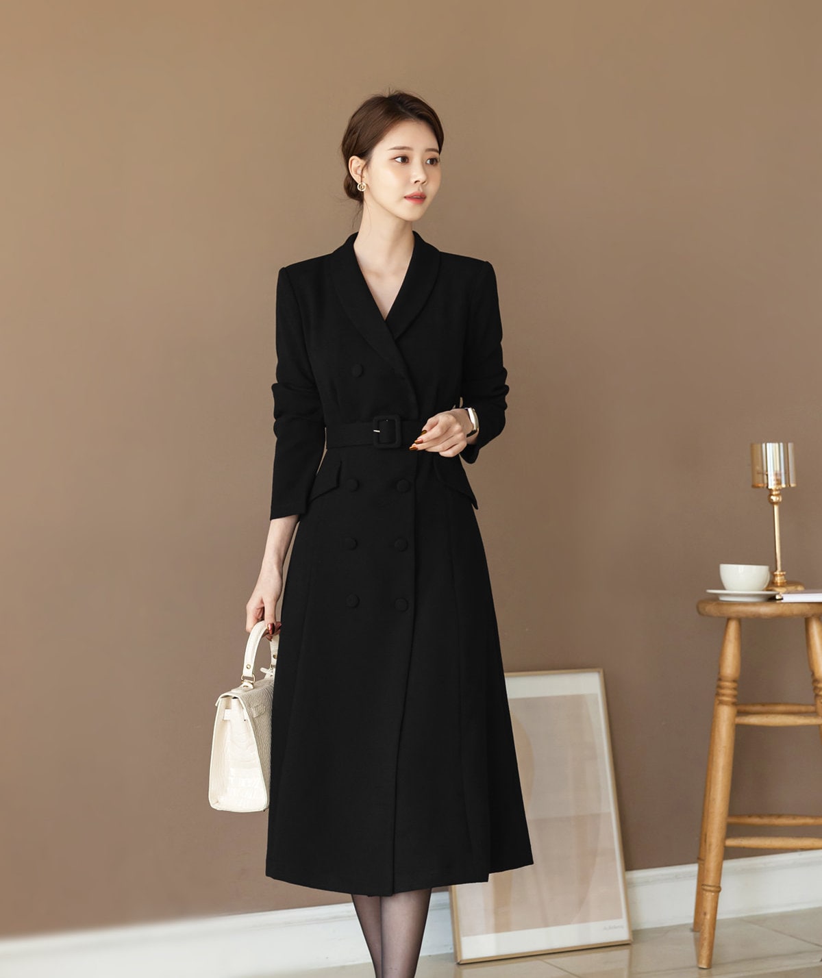 Korean Style Double Breasted Blazer Dress / V Neck Elegant Feminin Long Dress with Belt / Jacket Style Modern Chic Midi Dress