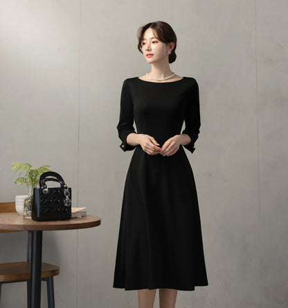 Elegant Black Flare Dress / Korean Style Boat Neck Midi Dress / Clasic Simple Flare Dress