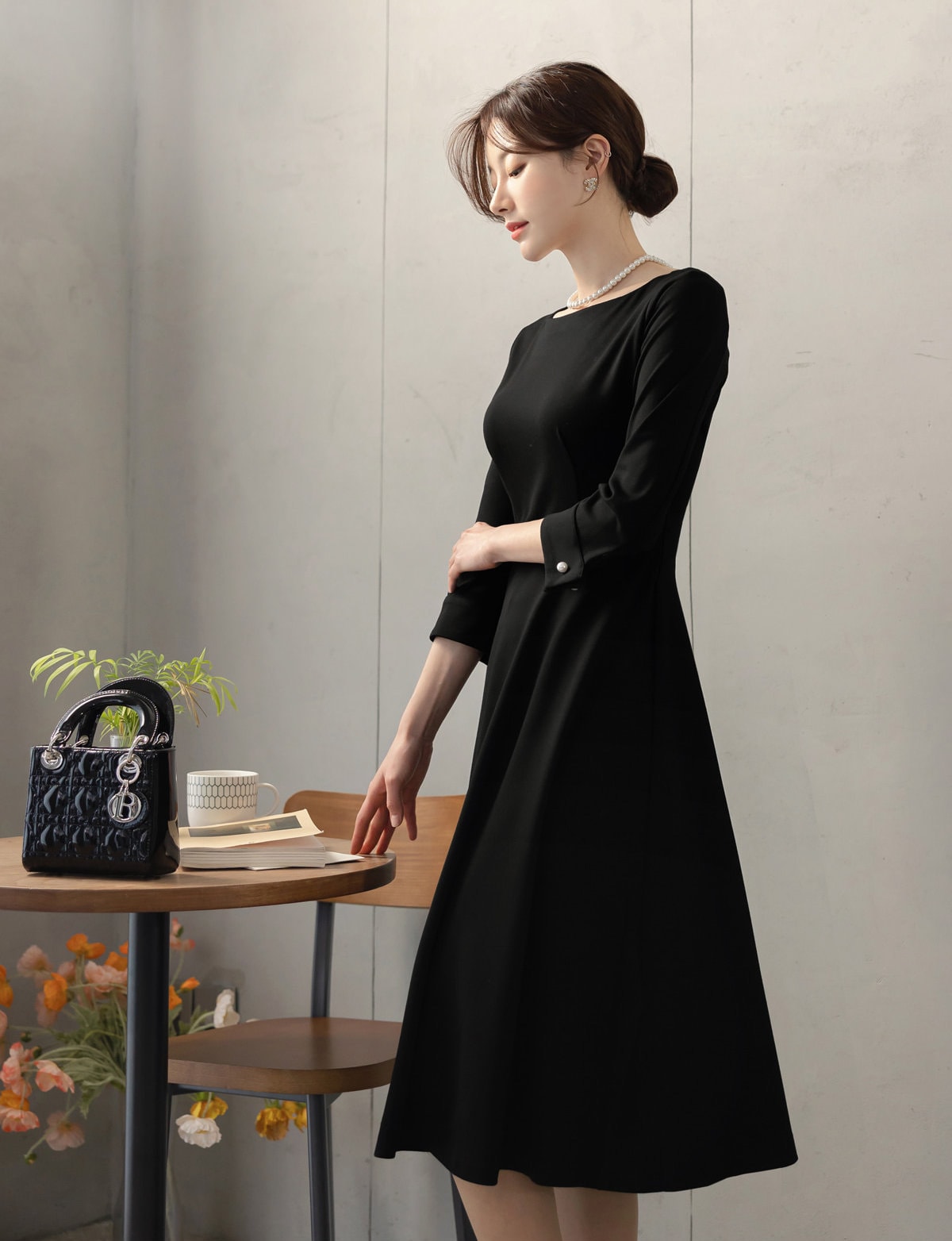 Elegant Black Flare Dress / Korean Style Boat Neck Midi Dress / Clasic Simple Flare Dress