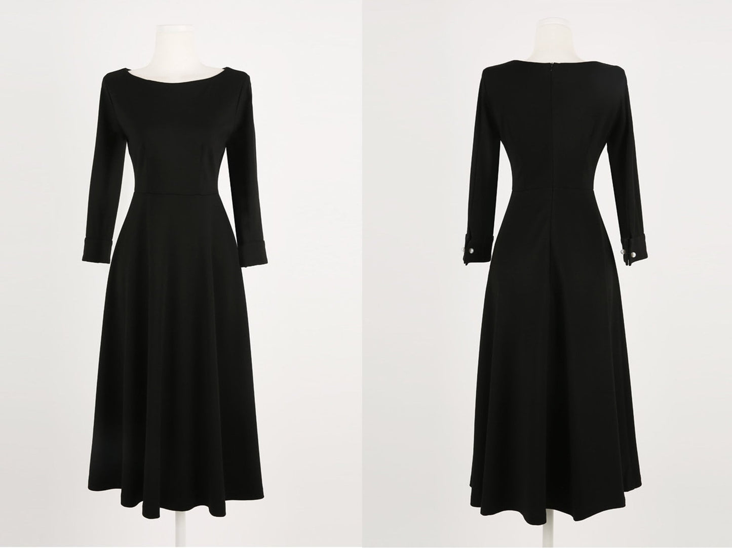 Elegant Black Flare Dress / Korean Style Boat Neck Midi Dress / Clasic Simple Flare Dress