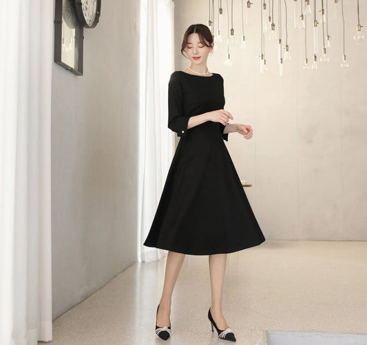 Elegant Black Flare Dress / Korean Style Boat Neck Midi Dress / Clasic Simple Flare Dress