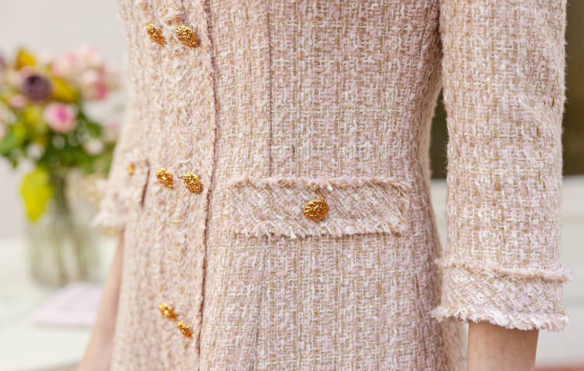 Feminin Tweed Dress / Korean Style Pink Gold Mini Dress / Luxury wear Elegant Dress