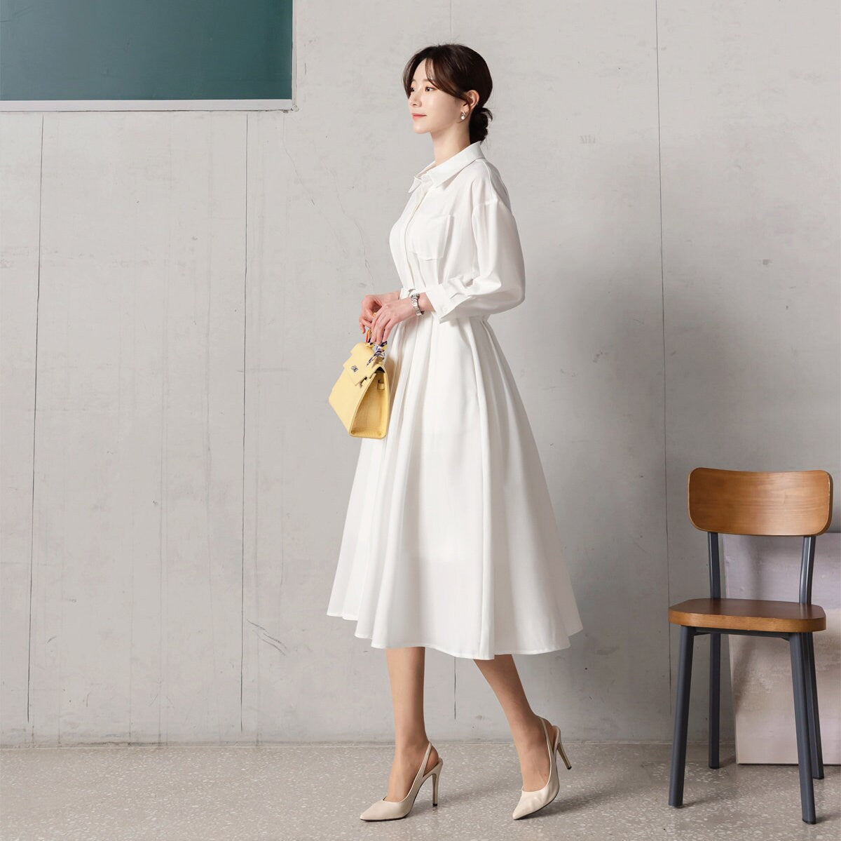 Elegant Feminin Shirtdress with Belt / Korean Style Hidden Button Long Dress / Spring Summer Midi Dress in Ivory Color