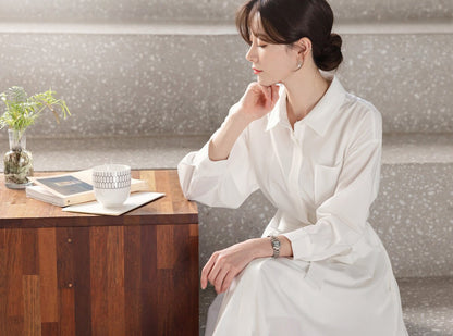 Elegant Feminin Shirtdress with Belt / Korean Style Hidden Button Long Dress / Spring Summer Midi Dress in Ivory Color